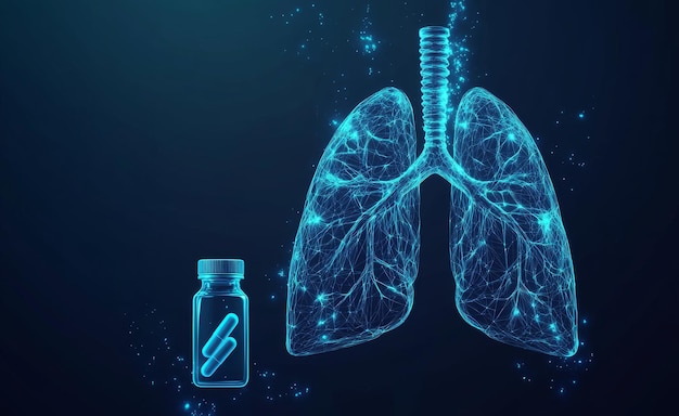 Lungs diseases medical treatment pharmacy concept low poly style Wireframe technology neon structures