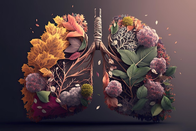 Lungs made from flowers and nature on dark background Enviroment or lung health concept Generative AI