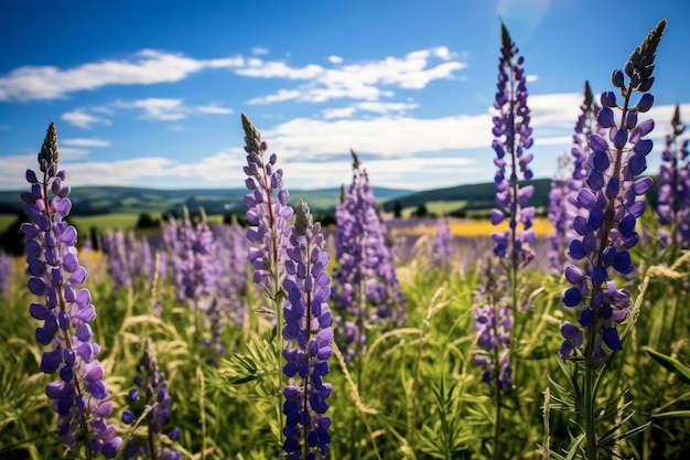 Lupine flowers in a field with the sun shining on the horizon