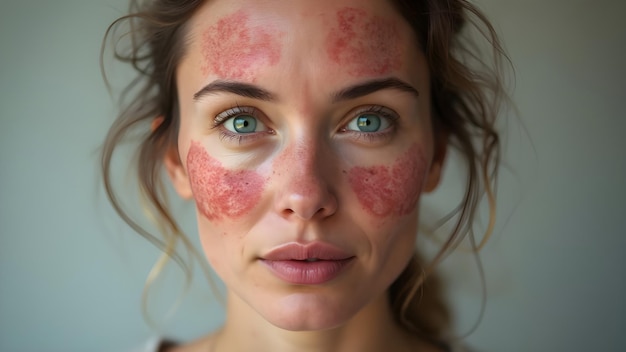 Lupus patient face and reddish facial rash with skin damage caused by allergy