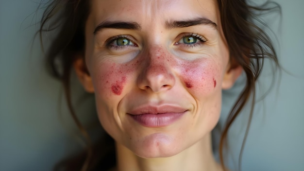 Lupus patient face and reddish facial rash with skin damage caused by allergy