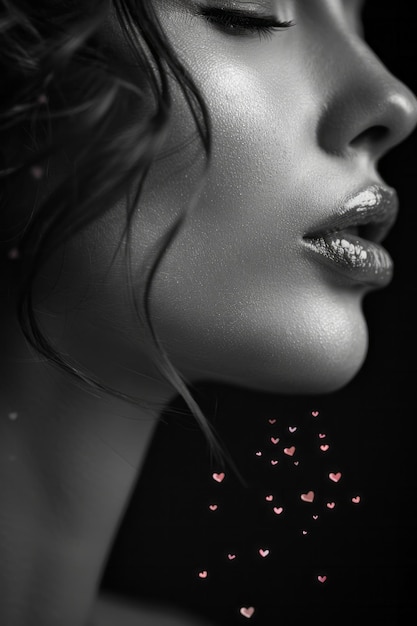 Luscious lips blowing a kiss with tiny hearts floating around