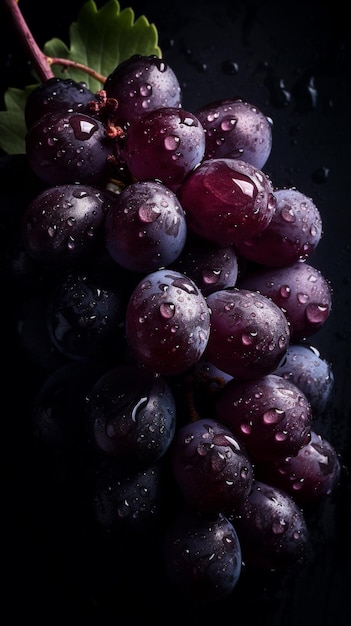 A luscious ripe grape berry stands out on a black background bunch of grapes