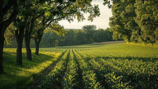 Photo lush agricultural field with crops in neat rows bordered by trees daylight