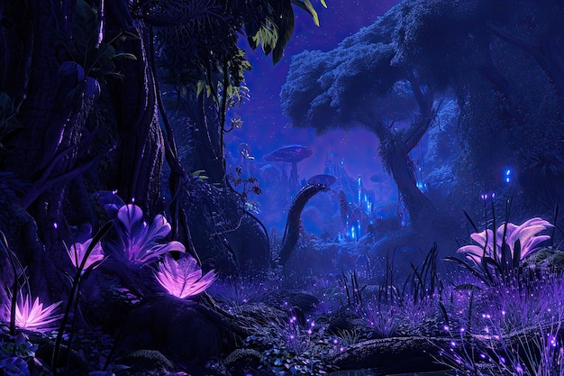 Lush alien jungle with bioluminescent flora in an extraterrestrial 3D environment immerses observers in fantastical landscapes