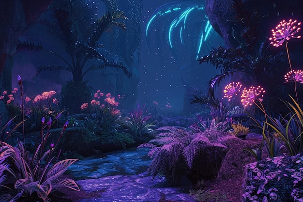 Lush alien jungle with bioluminescent flora in an extraterrestrial 3D environment immerses observers in fantastical landscapes