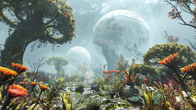 A lush alien jungle with giant floating orbs in the sky