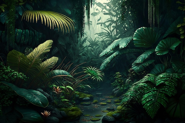 A lush Amazonian jungle tropical forest beautiful landscape with trees and bushes shrubs and many other plants Dark green foliage rainforest Nature illustration Image is AI generated