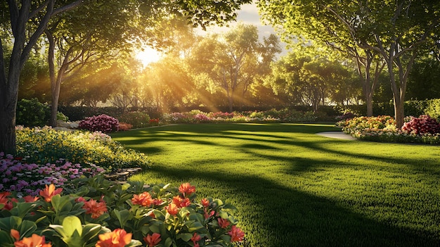 Lush backyard garden vibrant flowerbeds manicured lawn golden hour sunlight warm color palette sun r