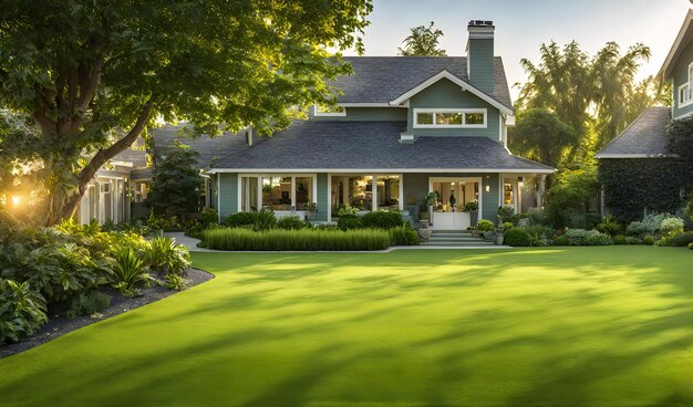 Lush backyard with welltrimmed green lawn