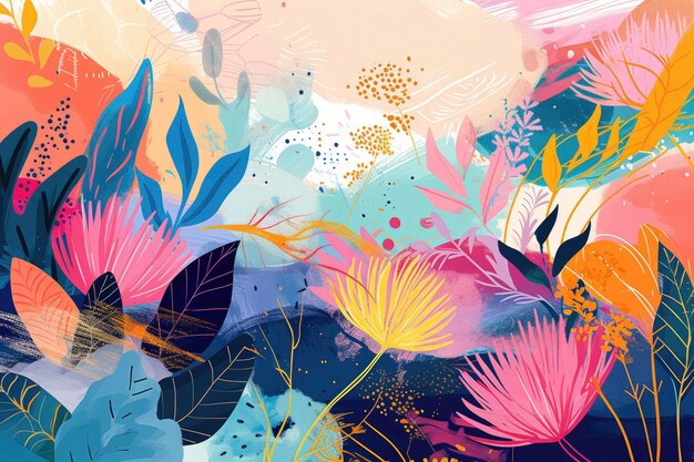 Lush Botanical Abstract with Impressionistic Floral Elements and Layered Backdrop