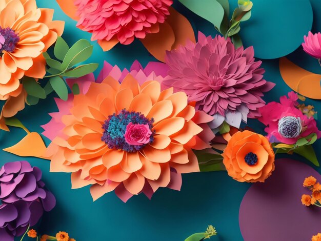 Lush Botanical Pattern with Vibrant Paper Flowers 3D Botanical Art generative ai