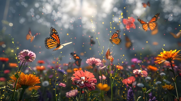 Lush Butterfly Garden in Vibrant Bloom with Diverse Species in Flight