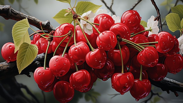 Lush cherry branches with red berries and green leaves