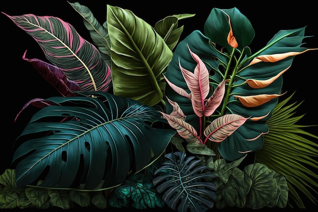 Lush colorful tropical leaves dark background