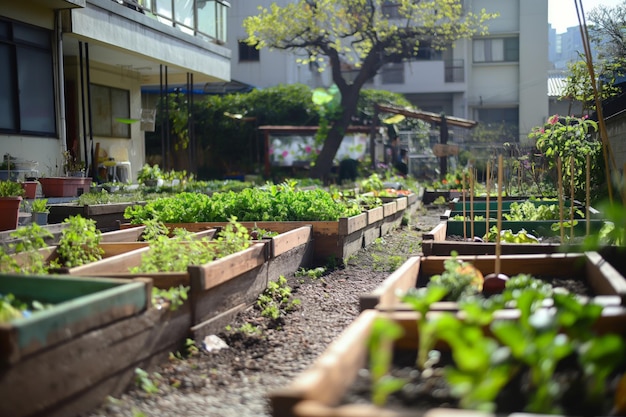 Photo lush community garden with various plants tended by local residents in an urban setting