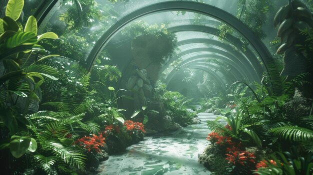 Lush Cybernetic Garden Integrating Technology for Life Support in Space Living Quarters