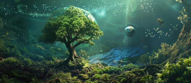 Photo a lush dreamlike forest with glowing planets