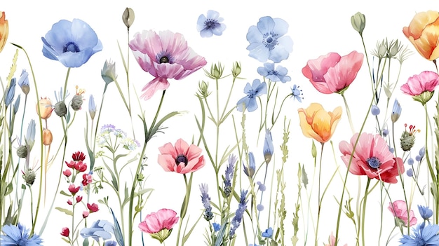 Lush Floral Watercolor Pattern with Vibrant Field Flowers