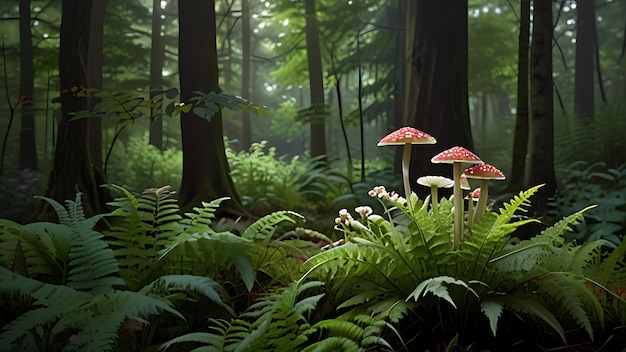 A lush forest floor scene filled with vibrant greenery