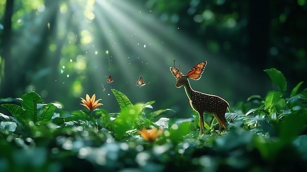 Photo lush forest scene with various animals and plants interacting in harmony showcasing the diversity