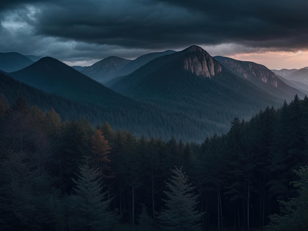 Lush forest seen in the distance in the mountains with different shades of colors