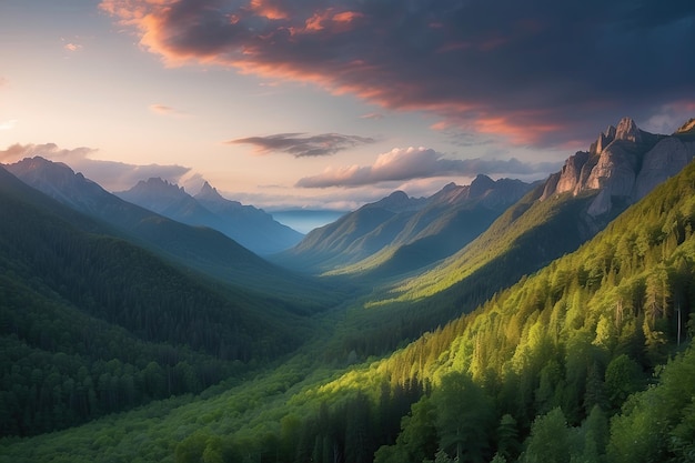 Lush forest seen in the distance in the mountains with different shades of colors