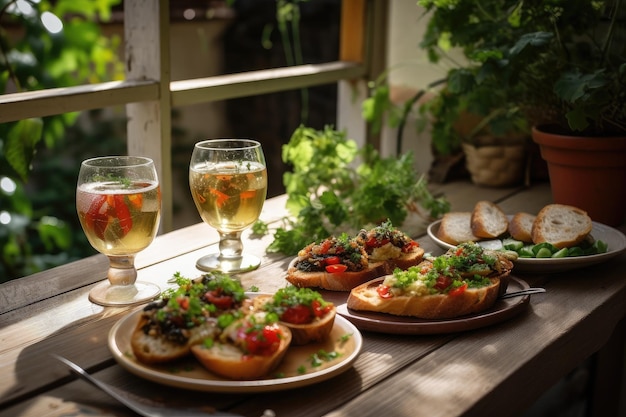 Lush garden bruschetta dish and glasses of wine on table