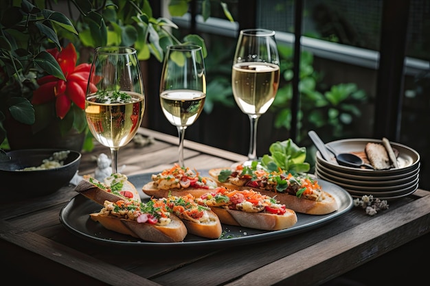 Lush garden bruschetta dish and glasses of wine on table