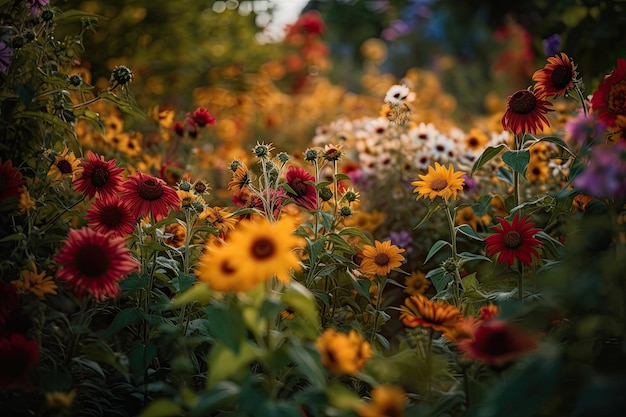 Lush garden colorful and vibrant flowers life and movement between petals generative IA