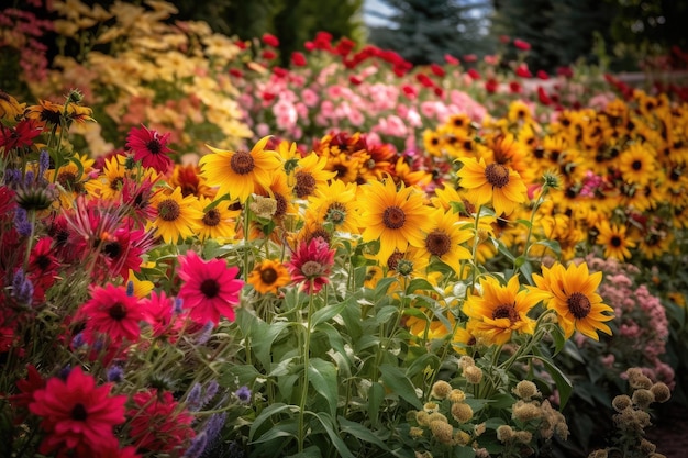 Lush garden colorful and vibrant flowers life and movement between petals generative IA