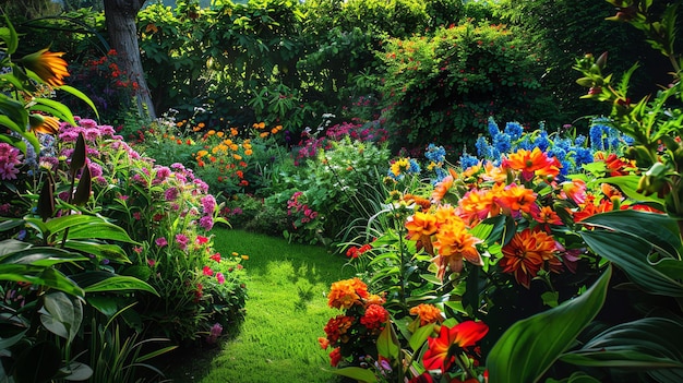 Photo a lush garden filled with various flowers and plants the flowers are colorful and bright and the plants are green and vibrant