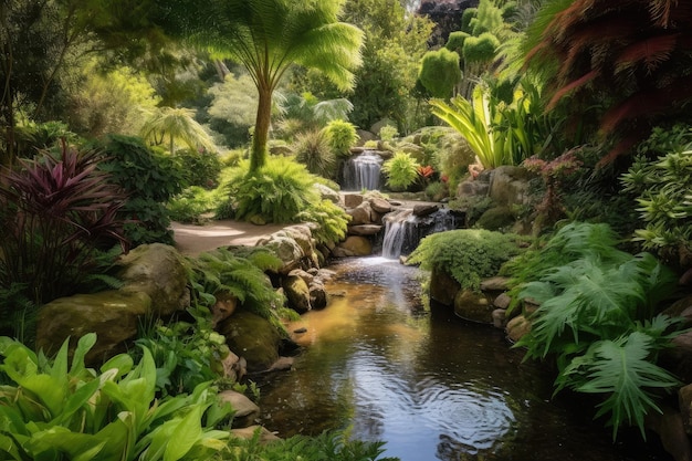 Lush garden landscapes with waterfall and stream surrounded by greenery