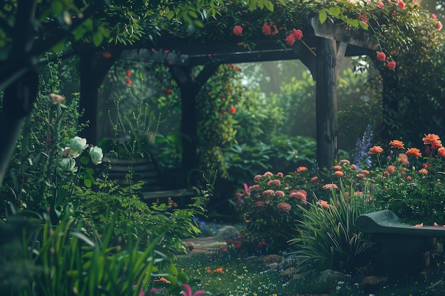 Lush Garden Overflowing With Flowers and Greenery