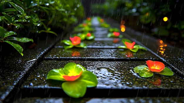 Photo lush garden path shrouded in misty refreshing atmosphere of wet flowers and greenery