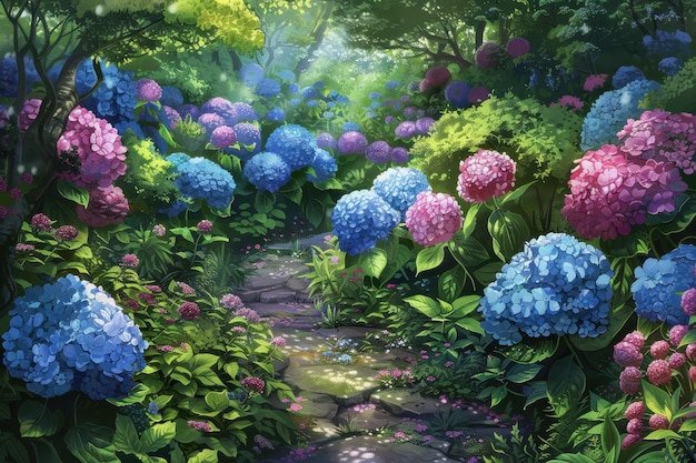 Photo a lush garden scene with a mix of hydrangeas in blue pink and purple surrounded by greenery