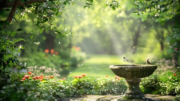 Lush Garden with Birdbath and Green Blooms