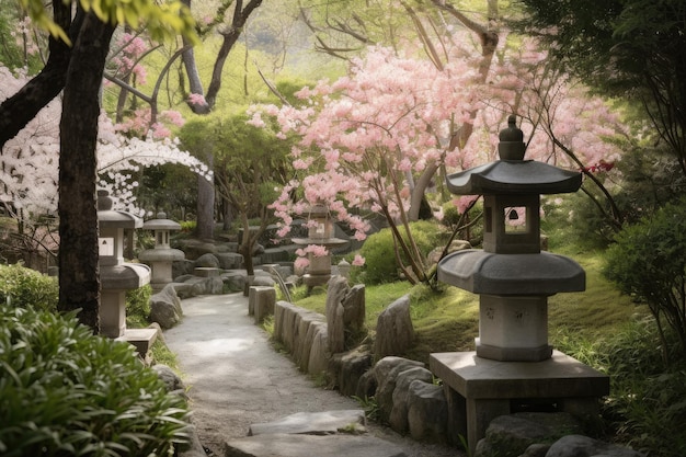 Lush garden with blooming cherry blossom trees and stone lanterns