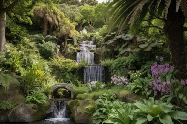 Lush garden with cascading waterfall surrounded by greenery