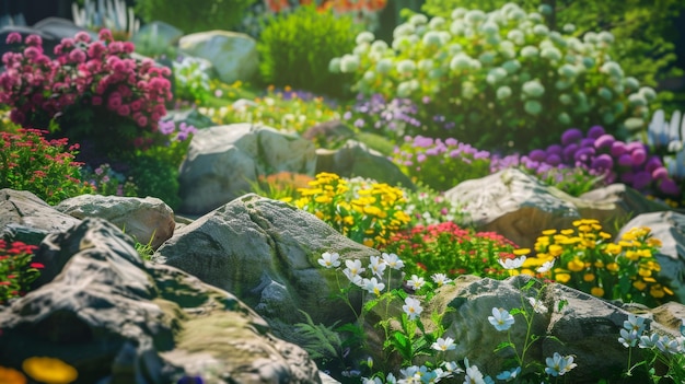 Lush garden with a diverse array of flowers and rocks bathed in enchanting sunlight