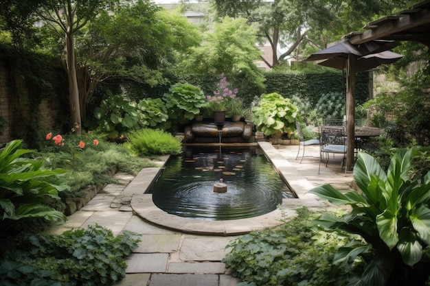 Lush garden with pool and water feature on a hot summer day