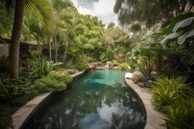 Lush garden with pool and water feature on a hot summer day