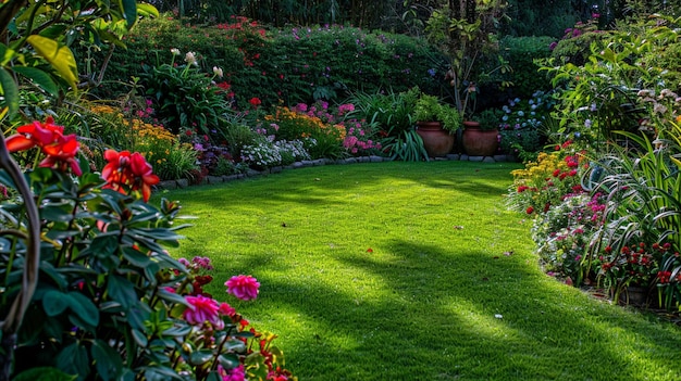 Lush Garden with Vibrant Seasonal Flowers Surrounding Green Lawn