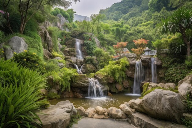 Lush garden with waterfall surrounded by natural landscape of mountains and greenery