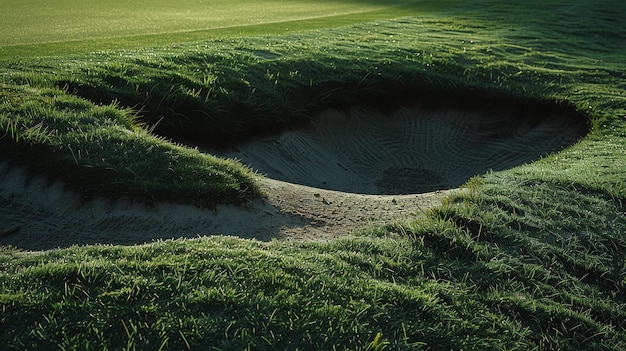 Photo a lush golf course lit by the early morning sun with the shadow draped over an untouched sand bunker