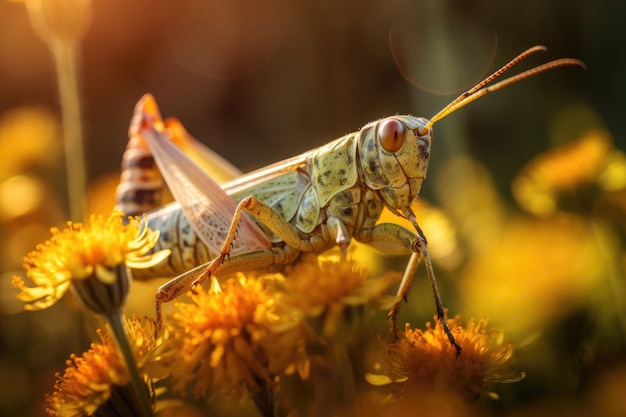 Lush grasshopper landing on wildflowers generative IA