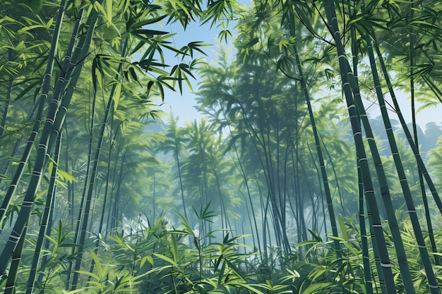 Lush green bamboo grove basked in ethereal mist and soft sunlight