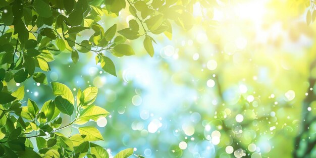 Photo a lush green bokeh backdrop adorned with fresh leaves and sun flares creating an idyllic setting that evokes the ambiance of summer or spring