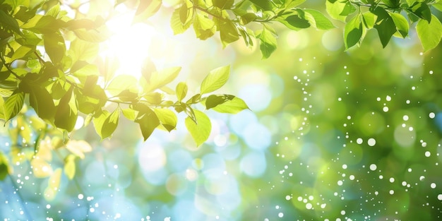 Photo a lush green bokeh backdrop adorned with fresh leaves and sun flares creating an idyllic setting that evokes the ambiance of summer or spring