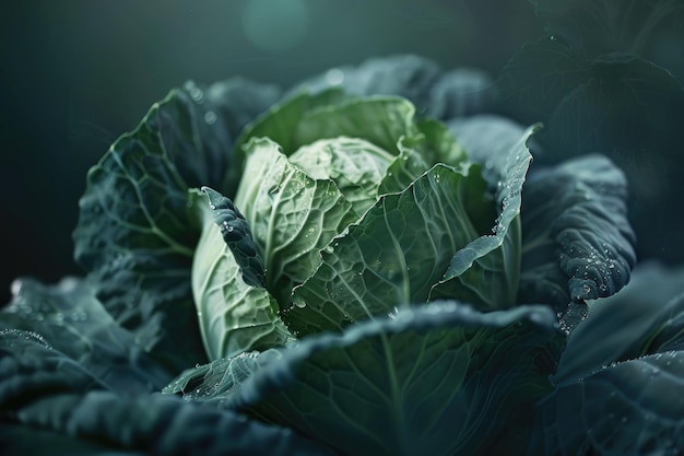 Lush green cabbage leaves emerge with dewdrops